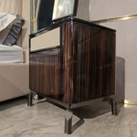 Striped Natural Wood Veneer Nightstand with Woven Leather Accents